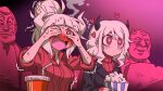  blush covering_own_eyes cup demon_girl demon_horns demon_tail disposable_cup drinking_straw food heart heart-shaped_pupils helltaker horns kyo-hei_(kyouhei) lucifer_(helltaker) modeus_(helltaker) movie_theater nervous_sweating popcorn red_shirt shirt sweat symbol-shaped_pupils tail trembling white_hair 