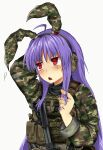  1girl animal_ears arm_behind_back camouflage camouflage_jacket chestnut_mouth headset highres jacket long_hair long_sleeves looking_to_the_side playing_with_own_hair pouch rabbit_ears rabbit_girl red_eyes reisen_udongein_inaba simple_background touhou upper_body v-shaped_eyebrows very_long_hair white_background yukine_0930 