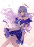  1girl 32_oogawa aqua_eyes bare_shoulders bird breasts cleavage closed_mouth detached_sleeves dress falling_feathers feathers floating_hair gloves hair_between_eyes halo head_wings highres honkai:_star_rail honkai_(series) long_hair looking_down pigeon purple_dress purple_hair robin_(honkai:_star_rail) short_sleeves simple_background smile solo two-tone_dress white_dress white_gloves white_wings wings 