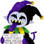  2018 :d close-up clothed clothing d_vaaaah deltarune dialogue english_text hat headgear hi_res humanoid imp jevil_(deltarune) male not_furry open_mouth pointy_ears sharp_teeth sign simple_background smile solo standing teeth text the_truth tongue tongue_out video_games white_background 
