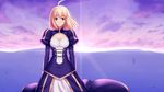  ahoge artoria_pendragon_(all) blonde_hair dress fate/stay_night fate_(series) green_eyes hair_down hair_ribbon highres kotera_ryou long_hair mountain ribbon saber solo sunset 