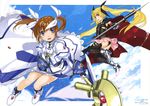  absurdres arm_guards armor bardiche black_dress black_legwear blonde_hair blue_eyes brown_hair cape cloud copyright_name day dress fate_testarossa fingerless_gloves flying gloves greaves hair_ribbon highres holding kurogin long_hair long_skirt looking_at_viewer lyrical_nanoha magazine_(weapon) magical_girl mahou_shoujo_lyrical_nanoha mahou_shoujo_lyrical_nanoha_a's mahou_shoujo_lyrical_nanoha_the_movie_2nd_a's miniskirt multiple_girls ocean raising_heart red_eyes ribbon shoes short_hair skirt sky smile socks takamachi_nanoha thighhighs twintails very_long_hair white_dress wind winged_shoes wings 