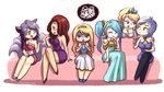  ahri animal_ears ashe_(league_of_legends) breast_envy breasts cleavage fox_ears janna_windforce large_breasts league_of_legends luxanna_crownguard multiple_girls multiple_tails odd_one_out pantyhose sarah_fortune secret_agent_miss_fortune sona_buvelle tail 