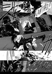  3boys aiming aks-74u apron assault_rifle blood boots comic english eotech firing gloves greyscale gun headset headshot heckler_&amp;_koch highres hk416 izayoi_sakuya knife koh_(minagi_kou) military_operator monochrome multiple_boys rifle suppressor touhou translation_request vertical_foregrip weapon 