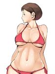  bikini black_eyes breasts brown_hair groin gundam large_breasts mirai_yashima mobile_suit_gundam navel poin profile short_hair side-tie_bikini simple_background solo swimsuit toned white_background 