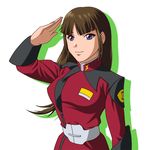  brown_hair gundam gundam_seed long_hair military military_uniform purple_eyes rakusai_(saisai_garou) salute shiho_hahnenfuss smile solo uniform 