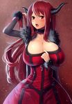  arm_up bad_id bad_pixiv_id blush breasts choker cleavage cleavage_reach demon_girl dress horns huge_breasts long_hair magister_(medical_whiskey) maou_(maoyuu) maoyuu_maou_yuusha open_mouth red_eyes red_hair solo very_long_hair 