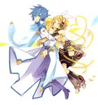  2boys akiyoshi_(tama-pete) arm_warmers blonde_hair blue_eyes blue_hair blue_scarf boots coat collaboration commentary_request detached_sleeves hair_ornament hair_ribbon hairclip headset kagamine_len kagamine_len_(append) kagamine_rin kagamine_rin_(append) kaito kaito_(vocaloid3) leg_warmers multiple_boys ribbon scarf short_hair vocaloid vocaloid_append yoshiki 