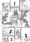  1girl bikini_top breasts chinese cleavage comic dream_demon emphasis_lines greyscale huge_breasts long_hair mermaid monochrome monster_girl navel open_mouth original shark_fin shark_girl sharp_teeth swimming teeth 