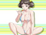  :p black_hair breasts brown_eyes cameltoe cleavage covered_nipples food kumada_kazushi large_breasts looking_at_viewer original pinky_out popsicle short_hair short_twintails sitting slingshot_swimsuit solo spread_legs swimsuit tongue tongue_out twintails watermelon_bar 