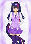  animal_ears blush horn knees_touching long_hair multicolored_hair my_little_pony my_little_pony_friendship_is_magic necktie personification purple_eyes purple_hair purple_skirt skirt smile solo star streaked_hair tail thighhighs twilight_sparkle vest 