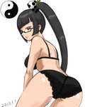  ass back black_bra black_hair black_panties blazblue bra breasts dated from_behind glasses hiru_made_ne-tarou lao_jiu large_breasts lingerie litchi_faye_ling long_hair panda panties ponytail red_eyes semi-rimless_eyewear under-rim_eyewear underwear underwear_only very_long_hair yin_yang 