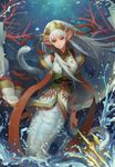  bad_id bad_pixiv_id coral crown emi_(emi43) lamia monster_girl original pointy_ears polearm red_eyes silver_hair snake solo trident underwater weapon 