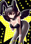  animal_ears black_hair black_wings blush bow bowtie breasts bunny_ears bunny_tail bunnysuit cleavage detached_collar embarrassed fishnet_pantyhose fishnets large_breasts looking_at_viewer nekota_susumu pantyhose pointy_ears red_eyes shameimaru_aya short_hair solo tail touhou wings wrist_cuffs 