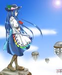  blue_hair colorized food fruit hat highres hinanawi_tenshi long_hair peach smile solo tasoku_hokou_heiki touhou 