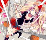  basketball blonde_hair blue_eyes blush boots bow bunny_hair_ornament danganronpa danganronpa_1 directional_arrow enoshima_junko fingernails freckles futaba_hazuki hair_bow hair_ornament heart ikusaba_mukuro knee_boots long_fingernails long_hair nail_polish necktie plaid plaid_skirt pleated_skirt school_uniform skirt skull_and_crossbones sleeves_rolled_up smile solo twintails very_long_hair volleyball 