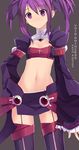  absurdres aisha_(elsword) artist_name bad_id bad_pixiv_id bandeau character_name elsword garter_straps grey_background highres midriff navel purple_eyes purple_hair purple_legwear purple_skirt purple_sleeves short_hair skirt solo swd3e2 thighhighs twintails void_princess_(elsword) zettai_ryouiki 