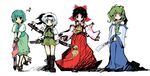  blue_eyes bow detached_sleeves green_eyes hair_bow hair_tubes hakurei_reimu heterochromia kochiya_sanae konpaku_youmu multiple_girls nanaroku_(fortress76) odd_one_out red_eyes sheath short_hair simple_background smile sword tatara_kogasa touhou weapon white_background 