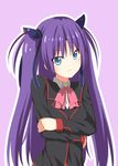  absurdres blue_eyes bow crossed_arms dacchi highres little_busters! long_hair pink_bow purple_background purple_hair sasasegawa_sasami school_uniform solo twintails two_side_up 