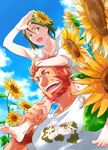  bad_id bad_pixiv_id barefoot beard carrying clothes_writing cloud day facial_hair fate/zero fate_(series) flower green_eyes green_hair juliacco multiple_boys red_eyes red_hair rider_(fate/zero) shirt shoulder_carry sky summer sunflower sweat t-shirt waver_velvet 