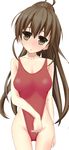  :o bad_id bad_pixiv_id breasts brown_eyes brown_hair highleg highleg_swimsuit large_breasts long_hair long_ponytail looking_at_viewer mokufuu one-piece_swimsuit ponytail simple_background smile solo swimsuit taneshima_popura white_background working!! 