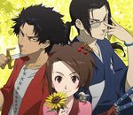  2boys adjusting_eyewear black_eyes bracelet brown_eyes brown_hair earrings facial_hair flower fuu glasses japanese_clothes jewelry jinnosuke kimono looking_at_viewer momo_(samurai_champloo) mugen multiple_boys ponytail samurai_champloo sheath sheathed smile squirrel stubble sunflower sword tetsukuzu_tetsuko weapon 