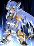  bare_shoulders blue_hair breasts elbow_gloves gloves gus_(clarkii) kos-mos kos-mos_ver._4 large_breasts long_hair looking_at_viewer red_eyes solo thighhighs underboob very_long_hair xenosaga xenosaga_episode_iii 