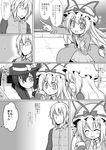  3girls ^_^ absurdres blush bow closed_eyes comic futa_(nabezoko) glasses greyscale hat hat_bow hat_ribbon highres lolikari long_hair long_sleeves maribel_hearn monochrome morichika_rinnosuke multiple_girls open_mouth pointing ribbon short_hair smile sweatdrop touhou translated usami_renko yakumo_yukari younger 