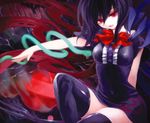  asymmetrical_wings black_hair black_legwear breasts dress houjuu_nue iseki_(kuroshura_no_tabiji) medium_breasts red_eyes short_hair short_sleeves smile snake solo thighhighs touhou wings 