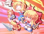  1girl :&lt; =_= alice_margatroid blonde_hair blush bow capelet doll dress goliath_doll hair_bow hairband hourai_doll lance long_hair mochinabe open_mouth polearm ribbon shanghai_doll shield short_hair touhou weapon |_| 