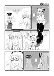  2girls azuman bespectacled bow cigarette comic eighth_note fujiwara_no_mokou glasses greyscale hair_bow hat kamishirasawa_keine long_hair monochrome multiple_girls musical_note pants ponytail smoking speech_bubble spoken_ellipsis spoken_musical_note suspenders touhou translation_request 