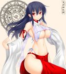  asamura_hiori bare_shoulders black_hair blue_bra bra breasts cleavage covered_nipples detached_sleeves dodecagram highres japanese_clothes large_breasts long_hair looking_at_viewer magic_circle md5_mismatch midriff miko navel original panties red_eyes revealing_clothes side-tie_panties simple_background smile solo underwear white_panties wide_sleeves 
