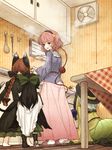  animal_ears back barefoot black_hair black_legwear bow braid cape cat_ears cat_tail child commentary_request food hair_bow hair_ornament hairband hat indoors kaenbyou_rin kitchen komeiji_koishi komeiji_satori long_hair long_sleeves multiple_girls nikujaga_(food) pink_hair plaid red_eyes red_hair reiuji_utsuho revision shirt short_hair siblings silver_hair sisters skirt smile socks standing steam table tail third_eye touhou urin wings younger 