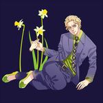  arm_support belt blonde_hair collared_shirt daffodil disembodied_limb floral_background flower formal full_body green_footwear green_shirt hands high_heels holding jojo_no_kimyou_na_bouken kira_yoshikage long_sleeves looking_at_viewer male_focus necktie p-geist2 pants pinstripe_pattern print_neckwear purple_background severed_hand shirt shoes simple_background solo striped striped_shirt suit vertical-striped_shirt vertical_stripes yellow_eyes 