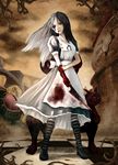  alice:_madness_returns alice_(wonderland) american_mcgee's_alice apron black_hair blood boots cheshire_cat dress green_eyes jewelry knife long_hair necklace pantyhose striped striped_legwear weapon wyvern_msk 