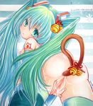  airbrush_(medium) ass bad_id bad_pixiv_id bell breasts cat_tail character_name dannashitoyome from_behind green_eyes green_hair hair_bell hair_ornament hatsune_miku jingle_bell long_hair looking_back marker_(medium) medium_breasts nail_polish nipples nude paint_(medium) pussy pussy_juice solo spread_pussy striped striped_background tail tail_bell thighhighs traditional_media twintails very_long_hair vocaloid 
