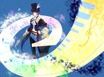  ascot bicorne black_hair blue_eyes blue_hair coat formal frederic_chopin hat instrument keyboard_(instrument) male_focus pants pocket_watch shirt solo staff top_hat trusty_bell watch 