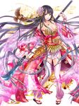  bare_shoulders barefoot bird black_hair breasts cleavage detached_leggings eurasian_tree_sparrow flower hair_flower hair_ornament japanese_clothes jewelry long_hair medium_breasts mouth_hold onimusha_soul polearm sandals solo sparrow standing very_long_hair weapon yuki_hanana 