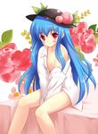  bare_shoulders blue_hair bottomless dress_shirt flat_chest floral_background flower food fruit hat hinanawi_tenshi long_hair looking_at_viewer naked_shirt no_pants off_shoulder peach red_eyes revision shirt sitting smile solo touhou v_arms yamasan 