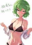  ario black_bra black_panties blush bra breasts cleavage covered_nipples green_hair groin kazami_yuuka lace lace_bra large_breasts navel open_clothes open_shirt panties red_eyes shirt short_hair solo stomach sweat touhou translated underwear underwear_only undressing upper_body white_background 