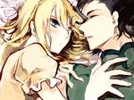  1girl artoria_pendragon_(all) bad_id bad_pixiv_id bed blonde_hair blush couple fate/zero fate_(series) green_eyes hair_down hetero lancer_(fate/zero) mapi pajamas saber sleeping 