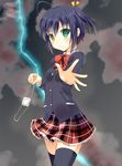  black_legwear chuunibyou_demo_koi_ga_shitai! eyepatch eyepatch_removed green_eyes heterochromia lightning odayan one_side_up plaid plaid_skirt purple_hair school_uniform short_hair skirt solo takanashi_rikka thighhighs yellow_eyes zettai_ryouiki 