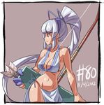  2012 arrow blue_eyes bow_(weapon) breasts cleavage contrapposto dated gloves hairband junkpuyo large_breasts long_hair majikina_mina ponytail quiver ribbon samurai_spirits sarong sideboob single_glove snk solo standing tan very_long_hair weapon white_hair white_sarong 