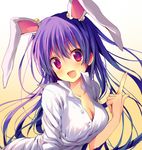  :d animal_ears blush breasts bunny_ears cleavage collarbone dress_shirt earrings fang finger_gun gradient gradient_background happy head_tilt jewelry large_breasts leaning_forward long_hair looking_at_viewer open_mouth pointing pointing_up purple_hair red_eyes reia reisen_udongein_inaba shirt sleeves_rolled_up smile solo stud_earrings touhou very_long_hair white_shirt 