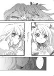  ^_^ aizawa_yasumi akita_momoko aoi_shiro bangs closed_eyes comic edoya_pochi empty_eyes face-to-face frown greyscale happy highres holding_hands interlocked_fingers long_hair looking_at_viewer monochrome multiple_girls parted_lips sad short_hair swept_bangs translated two_side_up 