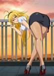  alternate_costume antenna_hair artist_request ass black_skirt blonde_hair chousen_(ikkitousen) glasses ikkitousen ikkitousen_shining_dragon legs long_hair official_art pantyhose red_eyes sheer_legwear shirt skirt solo thighs white_shirt 