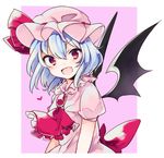  :d ascot bat_wings blue_hair brooch hat jewelry looking_at_viewer mob_cap open_mouth red_eyes remilia_scarlet ribbon short_hair smile solo touhou upper_body wings yukimiya_(parupunta) 