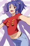  :d armpit_peek blue_hair denim garada_k7 hair_ornament haruyama_kazunori jeans midriff navel open_mouth pants ponytail red_eyes robot_girls_z shirt short_hair skull_hair_ornament smile solo t-shirt 