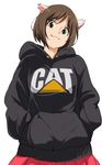 71 :3 animal_ears brown_hair cat_ears caterpillar_(company) clothes_writing company_name copyright_name fang_out green_eyes hands_in_pocket hood hoodie idolmaster idolmaster_cinderella_girls logo maekawa_miku product_placement pun short_hair simple_background smile solo 