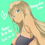  alessandra_susu bare_arms black_bra blonde_hair bra breasts character_name dated earrings green_background happy_birthday heart jewelry large_breasts long_hair looking_at_viewer manabebebe sideboob simple_background smile solo tan tanline tokyo_7th_sisters underwear upper_body 